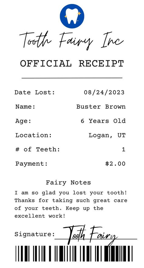 Editable and customizable Tooth Fairy Receipt! Give your child a fun keepsake of when they lose their teeth. Tooth Fairy Box Ideas, Diy Tooth Fairy Ideas, Tooth Fairy Ideas For Boys, Tooth Fairy Ideas, Tooth Fairy Receipt, Fairy Ideas, Fairy Box, Tooth Fairy Box, Baby Keepsake