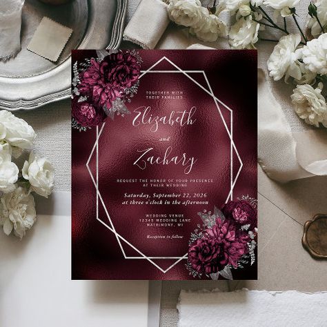 $1.27 | Budget Burgundy Faux Foil Silver Floral Wedding #budget, whimsical handwriting script, faux foil, dark moody burgundy red, silver geometric frame, elegant botanical floral, wpn201 Burgundy And Grey Wedding, Wedding Flyers, Handwriting Script, Elegant Modern Wedding, Silver Wedding Invitations, Afternoon Wedding, Frame Floral, Purple Wedding Invitations, Black Wedding Invitations