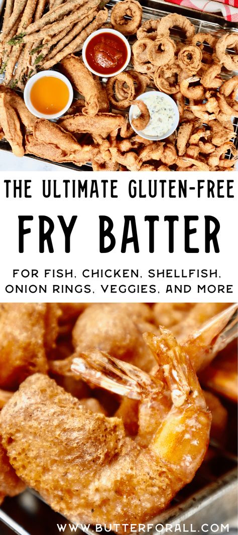 A super light and crispy batter made with only four ingredients! Get ready to be blown away by how deliciously easy it is to achieve perfectly golden crunchy fried foods! #glutenfree #fish #shellfish #chicken #onionrings #fried #asparagus #veggies #batter #avocadooil #tallow #coconutoil Almond Flour Batter For Frying, Gluten Free Fish Batter Air Fryer, Gluten Free Fish Fry, Fry Batter Recipe, Gluten Free Fried Fish, Gluten Free Fish Batter, Frying Batter, Fried Fish Batter, Buckwheat Gluten Free