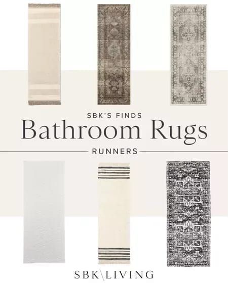 Black And White And Tan Bathroom, Long Bathroom Rug Runners, Bathroom Rugs Ideas Master Modern, Bathroom Runner Rug Double Vanity, Large Bathroom Rugs Ideas Master Bath, Rugs For Bathroom Ideas, Farmhouse Bathroom Rugs Ideas, Modern Bathroom Rug Ideas, Large Bathroom Rug Ideas