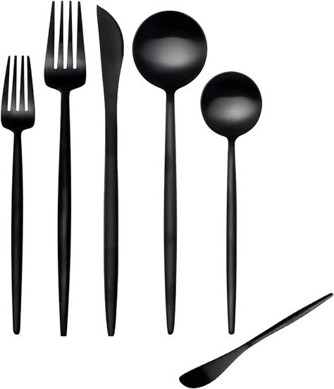 modern matte black silverware set. 30 pc. As an Amazon Associate I earn from qualifying purchases. Black Flatware Table Setting, Friendsgiving Table Setting, Friendsgiving Table, Black Silverware, Black Flatware, Dessert Spoons, High Quality Food, Serving Set, Food Safety