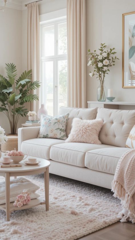 Add a touch of elegance and warmth to your home with pastel decor! Incorporate soft-colored throw pillows, vases, and artwork to create a light and airy atmosphere. Use pastel-hued candles, rugs, and accent furniture for a cozy and stylish space perfect for any room. Pastel Decor | Soft Aesthetic | Home Styling | Dreamy Spaces | Light And Airy | Cozy Interiors | Pastel Vibes Spring Centerpieces Diy, Color Palettes Spring, Soft Dreamy Aesthetic, Spring Centerpieces, Room Pastel, Spring Home Decor Ideas, Spring Styling, Diy Spring Crafts, Pastel Home Decor