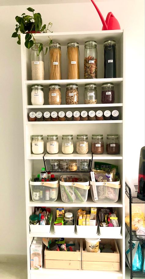 Diy Open Pantry Ideas, Open Shelf Pantry In Kitchen, Ikea Billy Kitchen, Ikea Billy Pantry, Billy Kitchen, Open Shelf Pantry, Ikea Pantry, Pantry Closet Design, Ikea Organization Hacks