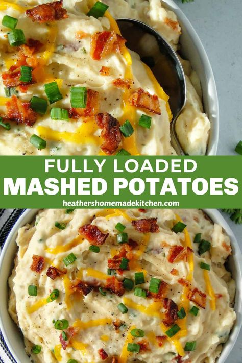 This Loaded Mashed Potatoes Recipe features creamy mashed potatoes filled with cream cheese, sour cream, cheddar cheese, garlic and bacon. These are loaded to the ultimate decadency. A side dish no one will refuse! Mashed Potatoes Recipe Sour Cream, Mashed Potatoes Recipe Cream Cheese, Loaded Mashed Potatoes Recipe, Sour Cream Mashed Potatoes, Cream Cheese Mashed Potatoes, Loaded Mashed Potato Casserole, Bacon Mashed Potatoes, Creamy Mashed Potatoes Recipe, Cheese Mashed Potatoes