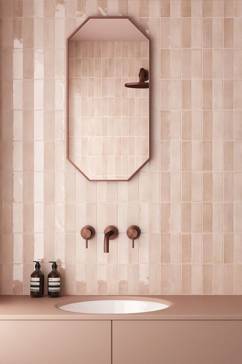 Matt And Gloss Tiles Together, Clay Pink Bathroom, Bathroom Matte Tiles, Pink Zellige Bathroom, Peach Pink Bathroom, Bathroom Tiles Pink, Pink Metro Tiles Bathroom, Neutral Pink Bathroom, Big Tile Bathroom