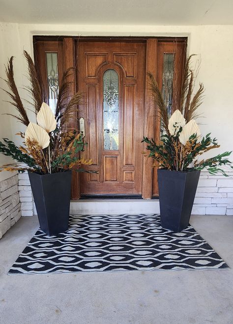 Fall 2023 Front Porch, Faux Fall Flowers For Porch, August Front Porch Decorating Ideas, Fall Tall Planter Ideas, August Front Porch Decor, Fall Football Front Porch Decor, Fall Faux Planters Front Porches, Fall Small Front Porch Decor, Fall Flower Pots Front Porches