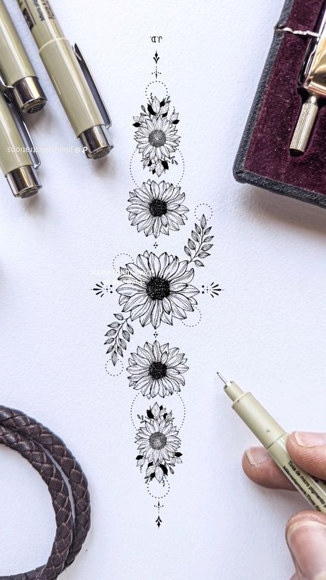 Daisy Chain Tattoo, Floral Back Tattoos, Chain Tattoo, Writing Tattoos, Spine Tattoos For Women, Greek Tattoos, Dope Tattoos For Women, Music Tattoo, Music Tattoos