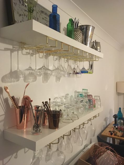 Ended up making my own with some Ikea shelves and glass holders from an online store Ikea Wall Shelves, Cabinet Ikea, Ikea Wall, Ikea Shelves, Wine Glass Holder, Glass Holder, Under Cabinet, Wine Racks, Glass Holders