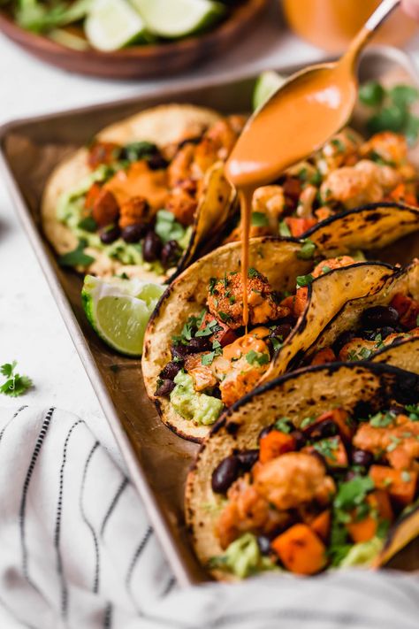 Vegan Sweet Potato Black Bean Tacos, Cauliflower Sweet Potato Tacos, Vegetarian Taco Filling, Veggie Tacos Recipes, Cashew Crema, Sweet Potato Cauliflower, Easy Roasted Cauliflower, Vegetarian Tacos Recipes, Vegan Taco Salad