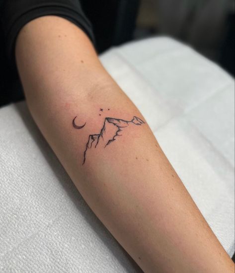 Woman Mountain Tattoo, Asheville Tattoo Ideas, Moon Star Mountain Tattoo, Mountain And Constellation Tattoo, Glacier National Park Mountain Tattoo, Pretty Mountain Tattoos, Mountain With 3 Stars Tattoo, Wyoming Mountain Tattoo, Matching Mountain Tattoos For Best Friends