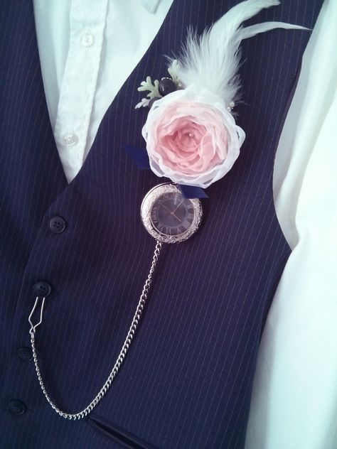 Vintage pocket watch boutonniere made by Mademoiselle Artsy - Pink and Navy boutonniere Bridal Boutonnieres, Navy Boutonniere, Wedding August, Wood Flower Bouquet, 2nd Wedding, Wedding Aesthetics, Carnival Wedding, Alice In Wonderland Wedding, Knot Tying