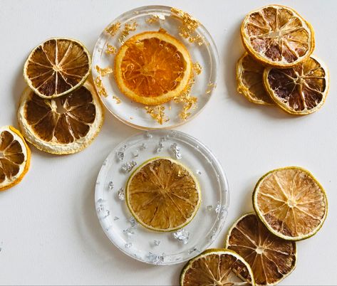 Handmade resin Dried orange & lime slice coasters  Availble on my etsy Fruit Resin, Diy Resin Tray, Nifty Crafts, Dried Orange Slices, Wooden Kitchen Utensils, Dehydrated Fruit, Dried Oranges, Diy Resin Projects, Resin Design