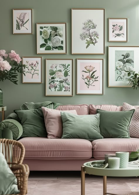 Home Decor Color Pallet Ideas, Green And Pink Office Decor, Green And Pink House Decor, Sage Green Apartment Decor, Green And Pink Salon, Pink And Green House Decor, Sage And Pink Living Room, Pink And Green Home Decor, Green And Pink Apartment