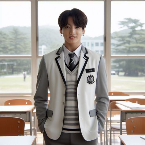 JUNGKOOK WEAR UNIFORM Jungkook In School Uniform, Jungkook Uniform, Jungkook School, Bts Pic, Uniform Shirts, Foto Jungkook, College Outfits, Golden Hour, Bts Jungkook