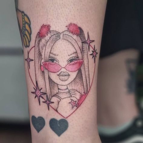 Brat Tattoos For Women, Bratz Doll Tattoo, Brats Tattoo, Bratz Tattoo, Barbie Tattoo, Clips In Hair, Half Sleeve Tattoos Drawings, Family Tattoo Designs, Cute Hand Tattoos