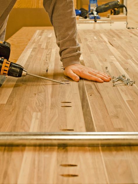 Do-It-Yourself Butcher-Block Kitchen Countertop | HGTV Farm Kitchen Ideas, Diy Butcher Block, Replacing Kitchen Countertops, Kitchen Remodel Countertops, Diy Kitchen Countertops, Butcher Block Kitchen, Butcher Block Counter, Butcher Blocks, Kitchen Countertop Materials