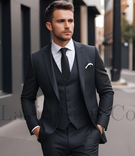 Stylish Mens Suits Black, Black Tie Wedding Suit Groom, All Black Three Piece Suit Men, 3 Piece Black Suit Men, Black Suit Grey Waistcoat, Black Groomsman Suit, Mens Black Wedding Suits, Black Suits For Men Wedding, Wedding Suits Groom Black