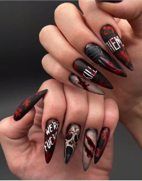 Saw Themed Nails, Scary Nail Designs, Demon Nails, Saw Nails, Ongles Halloween, Scream Nails, Scary Nails, Monster Nails, Funky Nail Designs