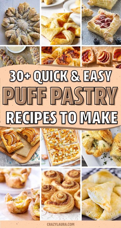 If you want to make your own puff pastry recipes at home, check out these awesome colletion of the best ideas and recipe tutorials for inspiration to get started baking! Food With Puff Pastry, Easy Puff Pastry Danish Recipe, Puff Pastry Parcels, Sheet Puff Pastry Recipe, Food To Make With Puff Pastry, Danish Ideas Puff Pastries, Puffed Pastry Sandwiches, Pastry Puffs Recipe, Pulled Pork Puff Pastry Recipe