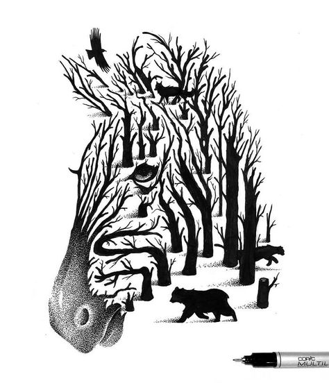 Illusion - Hidden Animals.." Thiago Bianchini and I am an illustrator and graphic designer. Two years ago I started creating this series of illustrations using fine-tipped ink pens. Inspired by double exposure photography, I brought this universe to my drawing world. Wildlife creatures surrounded by trees, grass and craggy mountains contrast with the starry sky formed by thousands of tiny dots. " Illusion Drawings, Istoria Artei, Paper Cutouts, Technology Wallpaper, Tree Photography, Art Et Illustration, Illusion Art, Arte Animal, Arte Fantasy