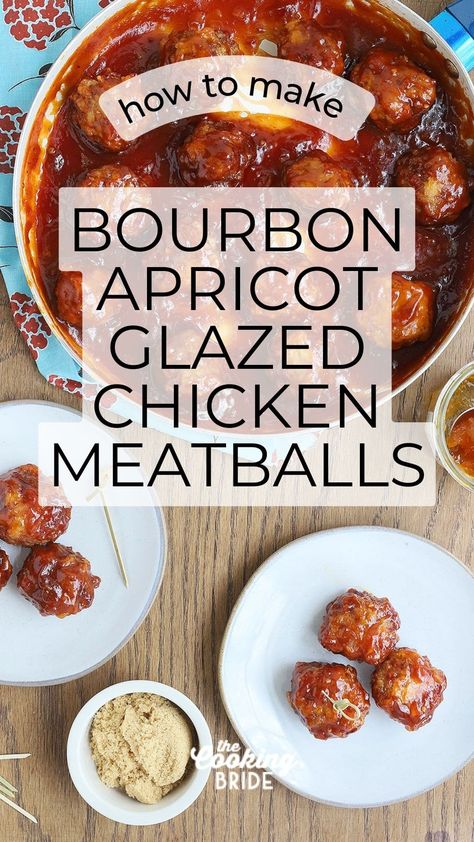 Apricot and bourbon glazed meatballs are the perfect appetizer! Fried chicken meatballs are coated in a sweet and sour mixture of bourbon, apricot preserves, mustard, and chili sauce. Apricot Sausage Appetizers, Apricot Glazed Meatballs, Maple Bourbon Meatballs, Meatballs With Apricot Preserves, Bourbon Glazed Meatballs, Angus Meatball Recipes, Apricot Meatballs Crockpot, Chicken Meatballs Appetizer, Recipes With Apricot Preserves