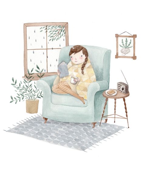 Cozy Armchair Read | Juliana Swaney Cozy Armchair, Reading Armchair, Children's Book Illustration, A Chair, الرسومات اللطيفة, Cute Illustration, Original Watercolor Painting, Watercolor Illustration, Character Illustration