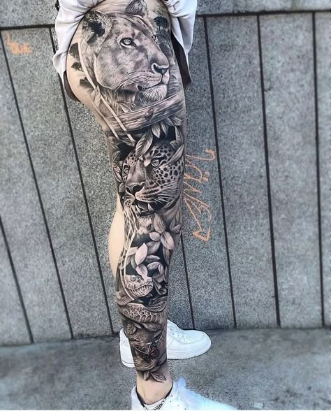 Animal Thigh Tattoo, Jungle Tattoo, Best Leg Tattoos, Animal Sleeve Tattoo, Tier Tattoo, Full Leg Tattoos, Tattoo Leg, Skeleton Hand Tattoo, Back Of Shoulder Tattoo