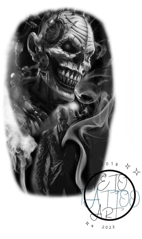 Evil Mask Tattoo, Joker Horror, Evil Mask, Evil Skull Tattoo, Black Skull Tattoo, Skull Art Tattoo, Clown Tattoo, Devil Tattoo, Full Sleeve Tattoo Design