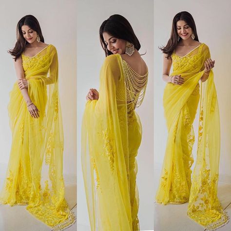 Designer Yellow Saree, Haldi Outfits Saree, Haldi Saree Outfit, Haldi Saree Indian Bridal, Haldi Saree Look, Yellow Saree Look, Yellow Saree For Haldi, Saree For Haldi, Yellow Georgette Saree