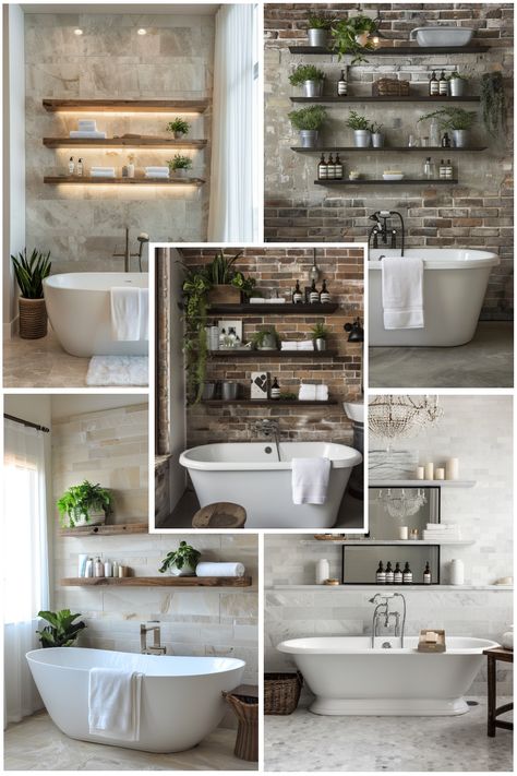 Ideas for the perfect bathroom floating shelf and tips for how best to use them. Floating Shelves In Bath, Wooden Bathroom Wall Shelf, Shelves Above Bathtub, Bathroom Shelves Over Tub, Floating Shelves Decor, Bathroom Floating Shelf, Bathroom Shelf Ideas, Floating Shelves Ideas, Bathroom Floating Shelves