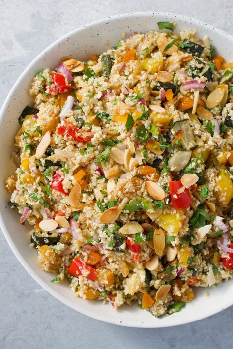 Moroccan Cauliflower Couscous Salad Moroccan Cauliflower, Moroccan Couscous Salad, Whole30 Vegan, Couscous Salad Recipes, Cauliflower Couscous, Moroccan Couscous, Stuffed Jalapenos With Bacon, Couscous Recipes, Grilled Eggplant