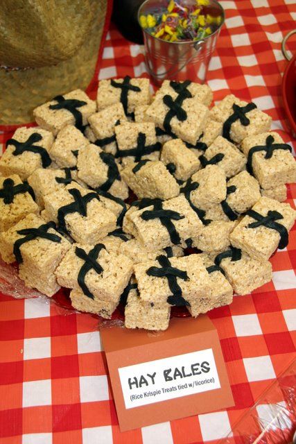 Hay Bales - Rice crispies tied with licorice http://www.gadoodles.com/images/VBS_2010/Food/index.htm Wild West Vbs Snacks, Farm Vbs Crafts, Barnyard Vbs, Bible School Snacks, Farm Vbs, Western Vbs, Wild West Crafts, Vacation Bible School Craft, Wild West Theme