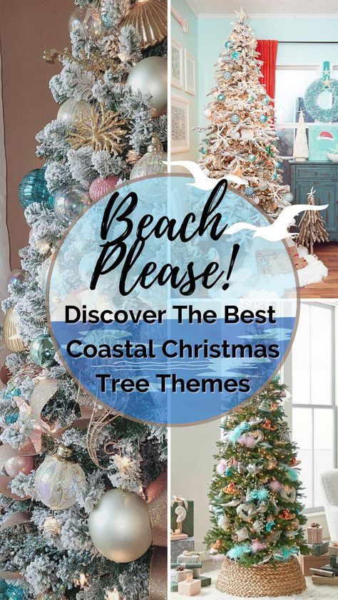 Coastal Christmas Tree Ideas, Christmas Tree Themes Ideas, Tropical Christmas Trees, Beachy Christmas Tree, Beach Christmas Tree, Glam Christmas Tree, Beach Christmas Trees, Beach Christmas Decorations, Coastal Christmas Tree