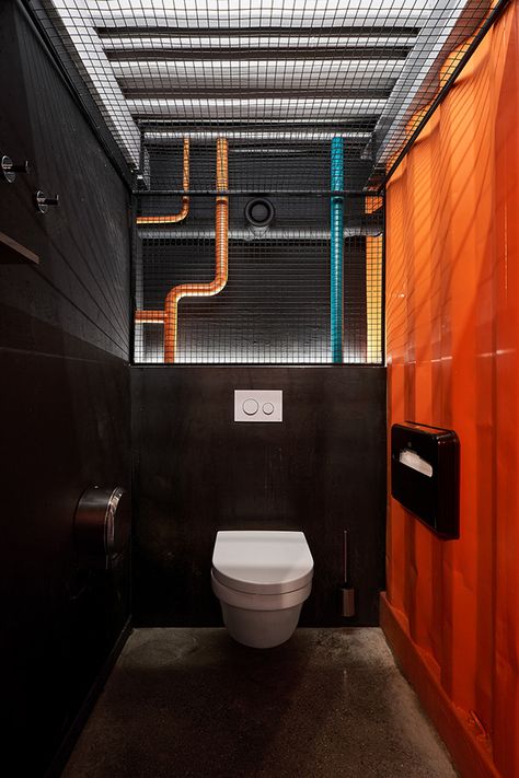 Orange Gym Interior, Wooden Partition Design, Industrial Toilets, Toilet Restaurant, Commercial Toilet, Wc Design, Industrial Office Design, Restroom Design, Gym Interior