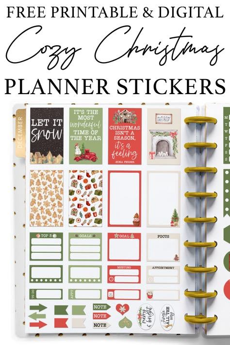 Get this free set of cozy Christmas planner stickers. They come with printable and digital versions of the planner stickers. They fit perfectly in a Happy Planner, Erin Condren, or other type of planner. Free Silhouette and Cricut print and cut ready files are included. #freeplannerprintables #christmasprintables December Planner Stickers Free, Holiday Digital Stickers, December Planner Stickers, Free Printable Christmas Planner 2024, Free Christmas Planner Stickers, Bullet Journal Christmas, Printable Sticker Paper, Free Printable Bookmarks, Christmas Planner Stickers