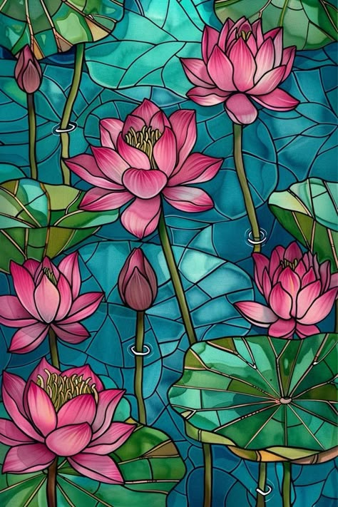 Lotus Stained Glass Window, Lotus Glass Painting, Art Nouveau Glass Window, Stained Glass Flowers Window, Stained Glass Wallpaper, Stained Glass Lotus, Disney Stained Glass, Stain Glass Window Art, Glass Painting Patterns