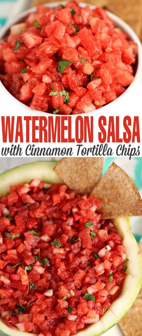 Watermelon Salsa with Cinnamon Tortilla Chips is a refreshing summer dessert or appetizer, perfect for serving at backyard parties. Packed with juicy watermelon, this salsa is a quick and easy summer appetizer the whole family will love! Watermelon Appetizer Ideas, Watermelon Dessert Ideas, Watermelon Dip, Summer Appetizer Recipes, Watermelon Dessert, Summer Appetizers Easy, Watermelon Salsa, Cinnamon Tortilla Chips, Cheese Appetizer