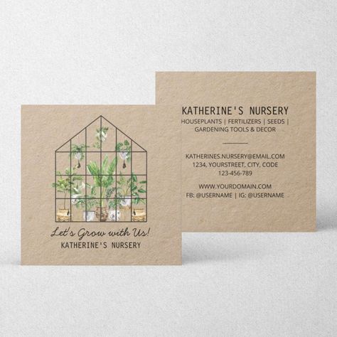 Watercolor House Plant Shop Nursery Square Business Card Gardening Business, Watercolor House, Plant Shop, Square Business Card, Visiting Cards, Plant Nursery, Nature Themed, Personal Business Cards, House Plant