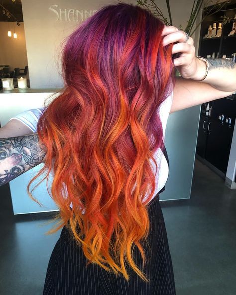 Auburn Sunset Hair Color, Red Sunset Hair, Autumn Inspired Hair Color, Unique Vivid Hair, Red Orange Purple Hair, Sunset Hair Dye, Sunset Balayage Hair, Sunset Ombre Hair, Sunrise Hair