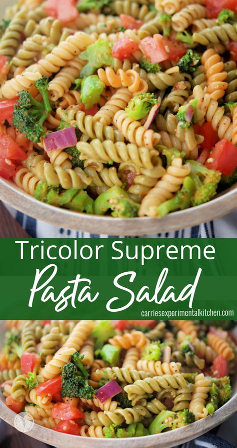 Tri Color Rotini Pasta Recipes, Salad Supreme Seasoning Recipe, Salad Supreme Pasta Salad, Salad Supreme Seasoning, Tri Color Pasta Salad, Rotini Pasta Recipes, Italian Dressing Pasta Salad, Salad Supreme, Rotini Pasta Salad