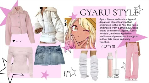 a Gyaru Style moodboard with warm white and pink jackets, a short denim skirt, leg warmers and lipgloss Gyaru Outfits Aesthetic, Gyaru Jeans Outfit, Gyaru Inspo Outfit, Gyaru Essentials, Gyaru Username Ideas, Gyaru Aesthetic Moodboard, Where To Buy Gyaru Clothes, Gyaru Styles List, Onee Gyaru Fashion