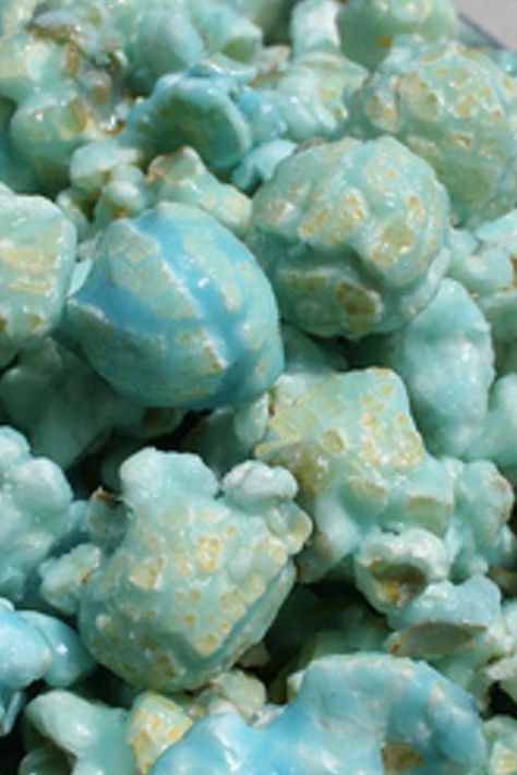 Blue Popcorn Recipe, Popcorn Baby Shower, Double Broiler, Popcorn Recipes Chocolate, Covered Popcorn, Popcorn Baby Shower Favors, Chocolate Covered Popcorn, Blue Popcorn, Popcorn Balls