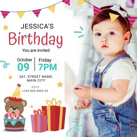 Invitation Card For Birthday Party, Bday Invitation Cards For Kids, Invitation Card Design For Birthday, Birthday Card Invitation Templates, Invitation Card Design Birthday Kids, Invitation Card Design 1st Birthday Boy, Birthday Invitation Card For Kids, 1st Birthday Invitation Template Free Editable, First Birthday Invitation Card Template