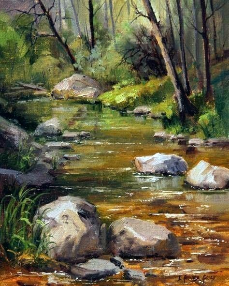 Rocks In Paintings, Creek Painting, Rocks Painting, Easy Landscape Paintings, Creek Art, Oil Painting Tutorial, Lake Art, Landscape Art Painting, Art Magazine