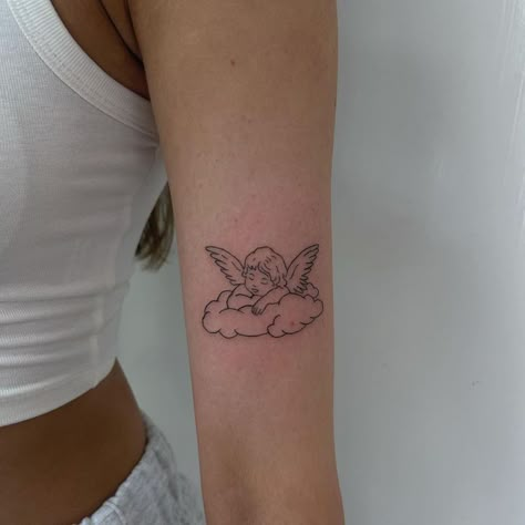 Coquette Tattoo, Lil Tattoos, Cherub Tattoo, Phrase Tattoos, Ribbon Tattoos, Bow Tattoo, Writing Tattoos, Red Ink Tattoos, Cute Small Tattoos