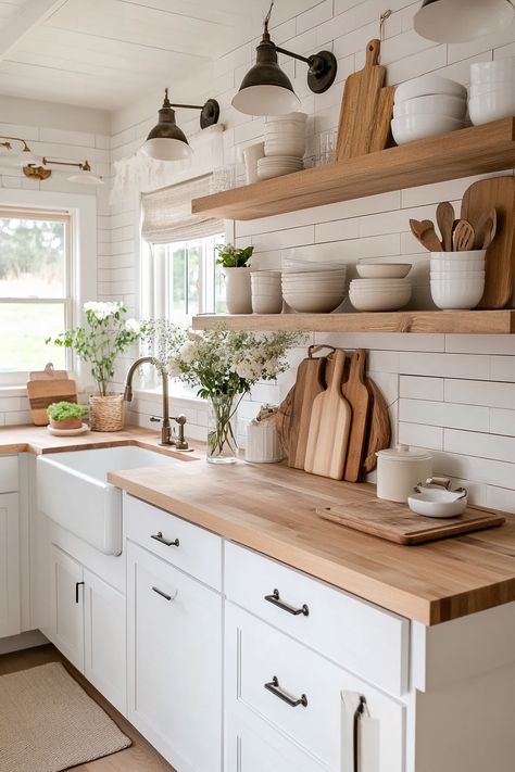 Dapur Rustic, Wooden Countertops, Butcher Block Kitchen, Above The Sink, Industrial Style Kitchen, Wooden Counter, Butcher Block Countertops, Wood Countertops, Cottage Kitchen