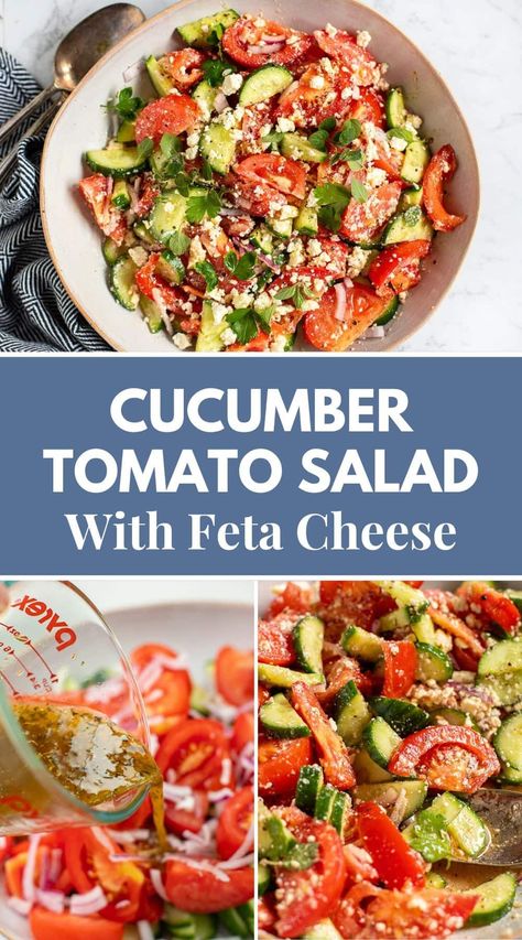 Need a quick side dish? This cucumber tomato feta salad is bursting with Mediterranean flavors. Crunchy cucumbers, juicy tomatoes, and tangy feta come together with a zesty vinaigrette. Save this salad recipe now! via @irena_macri Tomato And Cucumber Pasta Salad, Cucumber Cherry Tomato Salad, Cucumber And Tomato Salad With Vinegar, Greek Tomato And Cucumber Salad, Cucumber Tomato Salad Feta, Things To Make With Tomatoes, Mediterranean Dishes Healthy, Heavenly Salad, Feta Cucumber Salad