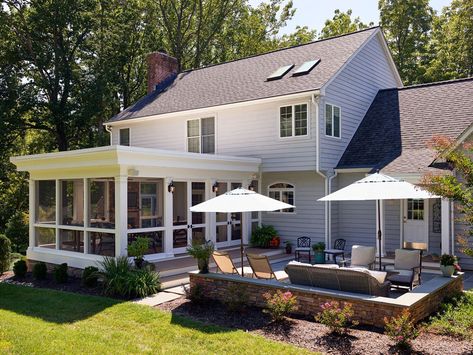 Fiery Screen Porch - Transitional - Porch - Baltimore - by place architecture:design | Houzz Porch Flat Roof, Patio Addition, Screened Porch Designs, Four Seasons Room, Porch Remodel, Porch Addition, Outdoor Terrace, Sunroom Designs, Enclosed Patio