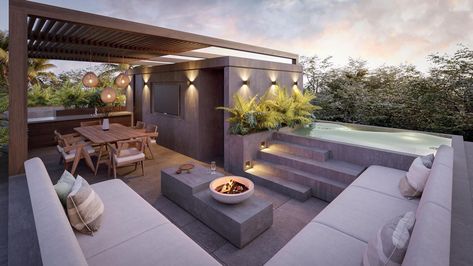 Plunge Pool Rooftop, Roof Garden With Pool, Roof Top Pool Design, Rooftop Pool House, Small Rooftop Pool, Rooftop Terrace Design Penthouses, Penthouse Terrace Ideas, Plunge Pool Ideas Small Spaces, Gazebo Kitchen