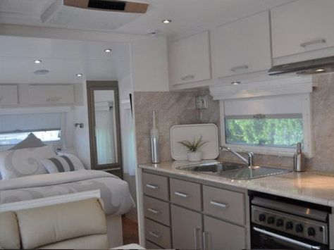 modern caravan renovation ideas home - Google Search Renovated Caravans, Camper Supplies, Remodeled Rv, Caravan Interiors, Caravan Vintage, Rv Decorating, Caravan Living, Camper Remodeling, Vans Vintage